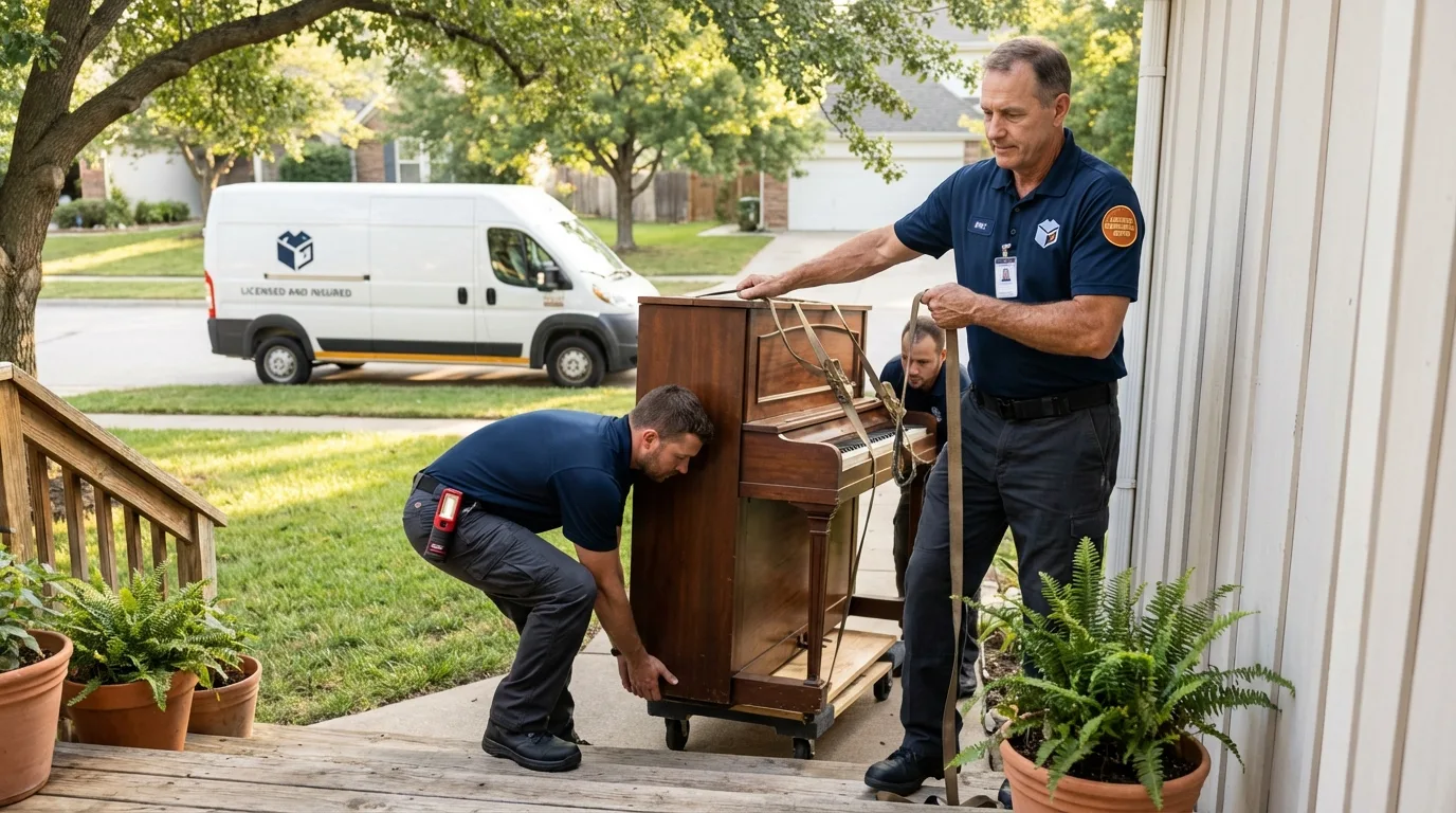 Licensed piano movers securing grand piano in Seabrook, NH