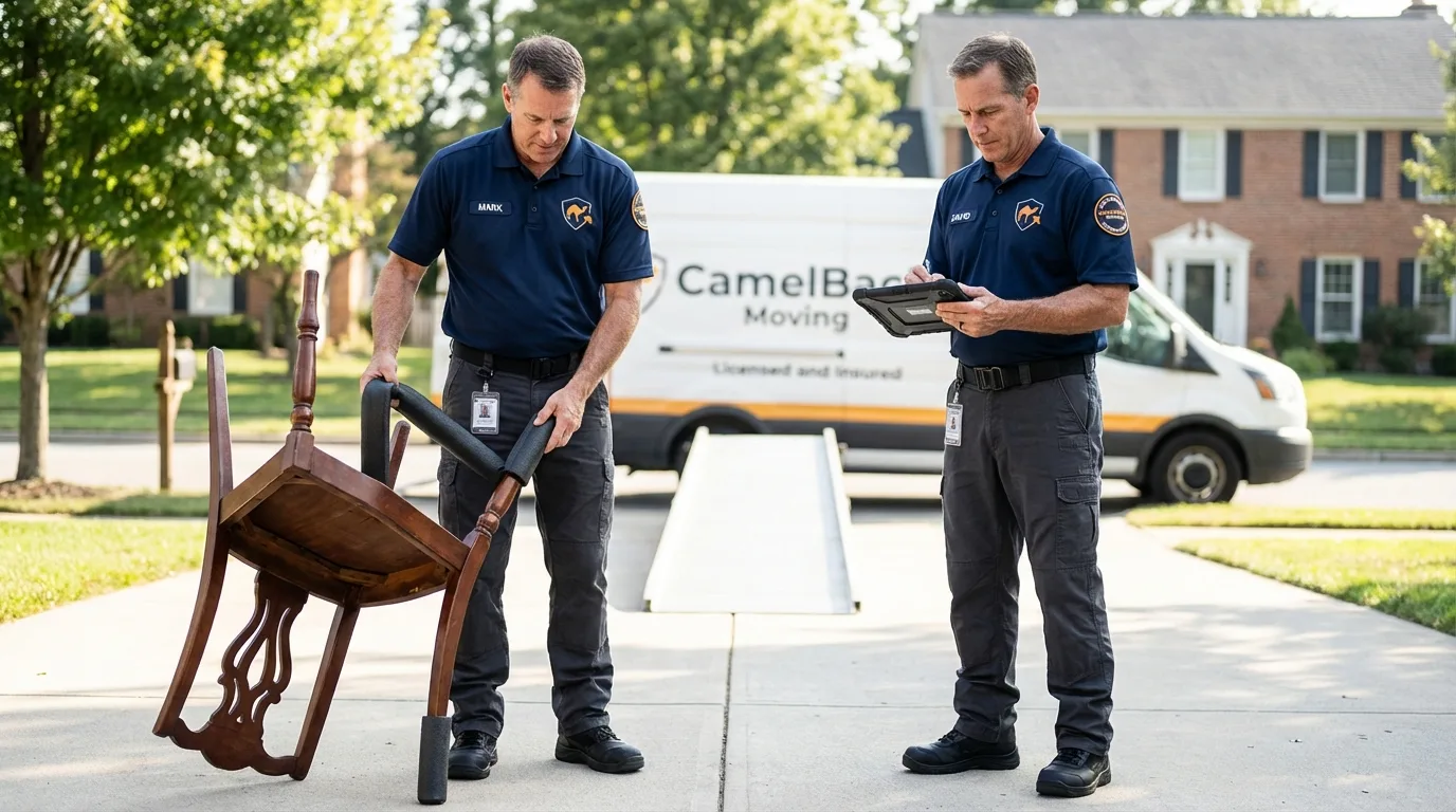 Movers inspecting furniture for damage prevention before loading in Seabrook, NH
