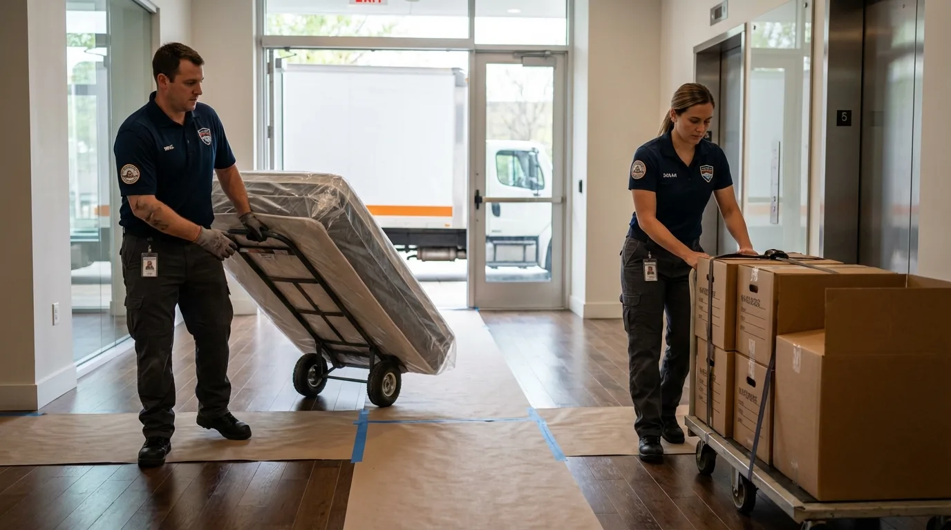 Professional apartment movers loading elevator in Seabrook, NH