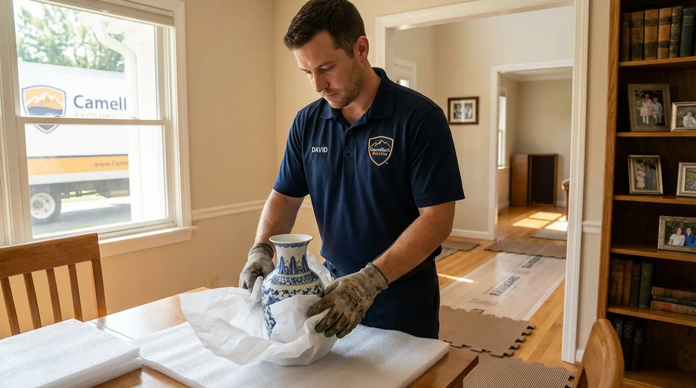 Professional crew carefully wrapping antique vase for senior downsizing move in Seabrook, NH